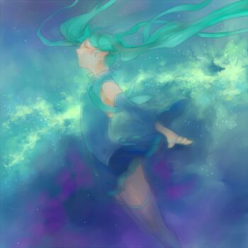 Rule 34 | green hair, hatsune miku, long hair, nemeko, skirt, solo, thighhighs, twintails, very long hair, vocaloid