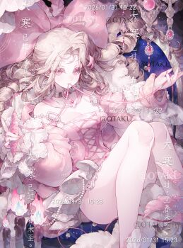 1girl absurdres armpit_crease artist_name blonde_hair bow breasts candle choker cleavage closed_mouth detached_sleeves dress eyelashes fire frills gem hair_bow highres holding lace lace_trim large_bow legs long_hair long_sleeves looking_at_viewer medium_breasts mouth_hold nail_polish off-shoulder_dress off_shoulder original parted_bangs pearl_(gemstone) pink_bow pink_dress pink_eyes pink_fire pink_gem pink_nails pink_ribbon pink_theme ribbon ribbon_in_mouth ringlets sitting solo too_many_watermarks watermark white_gem xingchunxiang