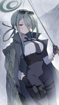 1girl ammunition_pouch asymmetrical_bangs black_gloves black_necktie black_pants blue_archive blush braid braided_hair_rings breasts chest_harness closed_mouth coat coat_on_shoulders collared_shirt commentary dress_shirt eyewear_on_head gloves grey_hair grey_halo hair_ornament hair_over_one_eye hair_rings hair_stick halo harness highres holding holding_umbrella long_bangs long_hair long_sleeves looking_at_viewer low_ponytail magazine_(weapon) medium_breasts mina_(blue_archive) necktie nekopote pants pinstripe_coat ponytail pouch rain red_eyes shirt smile solo sunglasses thigh_pouch thigh_strap tight_clothes umbrella underbust white_shirt