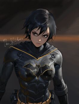 1girl artist_name batgirl batman_(series) batman_symbol belt black_hair breasts brown_eyes cassandra_cain closed_mouth commentary dc_comics english_commentary highres light_frown medium_breasts no_mask short_hair solo superhero_costume the_batman_(2022) the_hikari utility_belt