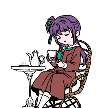 Rule 34 | 1girl, blush stickers, brown dress, chair, closed eyes, closed mouth, commentary request, cup, dress, feet out of frame, flower, green neckerchief, hair bun, hair flower, hair ornament, hasu no sora school uniform, holding, holding cup, holding saucer, link! like! love live!, long sleeves, love live!, medium dress, neckerchief, on chair, otomune kozue, pleated dress, purple hair, red flower, sailor collar, sailor dress, saucer, school uniform, shinanoya (satanicad), side ponytail, sidelocks, simple background, single side bun, sitting, smile, socks, solo, table, tassel, tassel hair ornament, teacup, teapot, u u, virtual youtuber, white background, white sailor collar, white socks, winter uniform