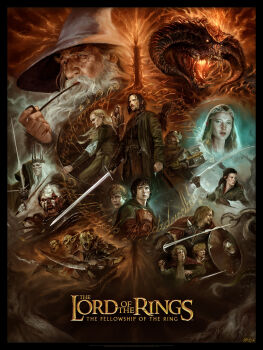 2girls 6+boys absurdres alvarojh_art aragorn armor arrow_(projectile) arwen axe balrog_(tolkien) battle_axe beard black_armor black_border black_hair black_speech_(language) blonde_hair blue_eyes border boromir bow_(weapon) breastplate brown_hair closed_mouth colored_skin copyright_name crown demon_horns dress eye_of_sauron facepaint facial_hair faulds fire frodo_baggins galadriel gandalf gauntlets gimli gloves glowing glowing_eyes goblin green_eyes green_skin hair_ornament hat helm helmet highres holding holding_axe holding_jewelry holding_polearm holding_ring holding_rock holding_shield holding_smoking_pipe holding_sword holding_weapon horns jewelry legolas long_beard long_hair lurtz multiple_boys multiple_girls nazgul open_mouth orc page_number pauldrons peregrin_took pointy_ears polearm queen ring rock samwise_gamgee sauron sharp_teeth shield short_hair shoulder_armor smoking smoking_pipe spear spiked_crown sword teeth the_lord_of_the_rings the_one_ring title title_page tolkien's_legendarium uruk_hai weapon white_beard white_hair witch_king_of_angmar wizard wizard_hat yellow_eyes