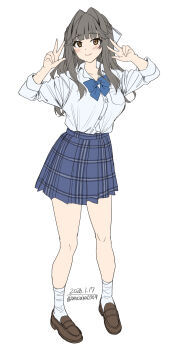 Rule 34 | 1girl, absurdres, black hair, blue bow, blue bowtie, blue skirt, blunt bangs, blush, bow, bowtie, breasts, brown shoes, commentary request, dated, double w, full body, gyaru, hair intakes, highres, kogal, large breasts, loafers, long hair, looking at viewer, open collar, original, school uniform, shirt, shirt tucked in, shoes, skirt, smile, socks, solo, twitter username, unasaka ryou, w, white shirt, white socks