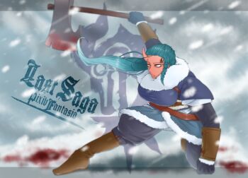 Rule 34 | 1girl, aqua hair, axe, battle axe, blood, bloody weapon, blurry, blurry background, boots, bracer, braid, breasts, clenched hand, coat, copyright logo, copyright name, fighting stance, fur-trimmed coat, fur trim, gloves, highres, holding, holding axe, horns, knee boots, lalwa the red demon, large breasts, logo, long hair, one horn, pants, pixiv fantasia, pixiv fantasia last saga, snowing, solo, toushirou, weapon