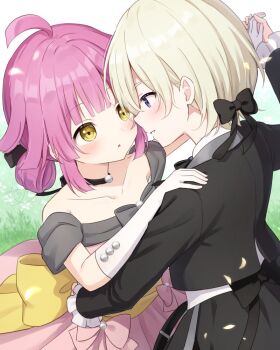 2girls back_bow bare_shoulders black_bow black_jacket blonde_hair bow collarbone collared_shirt commentary dress elbow_gloves english_commentary eye_contact gloves grin hair_bow hanazora_satsuki hand_on_another's_shoulder holding_hands jacket like_a_treasure_(love_live!) looking_at_another love_live! love_live!_nijigasaki_high_school_idol_club love_live!_nijigasaki_high_school_idol_club_the_movie_-_finale mia_taylor multiple_girls off-shoulder_dress off_shoulder parted_lips pink_dress pink_hair purple_eyes shirt smile stay_(love_live!) suit_jacket tennoji_rina waltz_(dance) white_gloves white_shirt yellow_bow yellow_eyes yuri