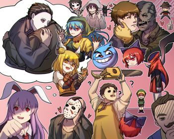 4girls 6+boys ? a_nightmare_on_elm_street absurdres animal_ears apron arm_ribbon armor bags_under_eyes belt belt_buckle ben_drowned black_eyes black_footwear black_gloves black_hair black_jacket black_pants black_shirt black_suit blonde_hair blue_eyes blue_hair blue_ribbon blue_vest boots bow breasts brooch brown_belt brown_hair brown_headwear brown_necktie brown_shirt buckle chainsaw character_request chinese_commentary clenched_hand clenched_teeth cloak closed_eyes collared_shirt commentary_request copyright_request crack crazy_smile creepypasta disembodied_head double_bun dress elbow_gloves eye_socket faceless faceless_male facial_hair fedora fingerless_gloves fingernails floppy_ears formal_clothes freddy_krueger friday_the_13th frown glasgow_smile gloves green_apron green_headscarf green_headwear green_jacket green_tunic grey_eyes grey_hoodie hair_bow hair_bun hair_pulled_back hair_ribbon hand_on_another&#039;s_neck hand_on_own_chin hand_on_own_face haniwa_(statue) haniwa_brooch haniyasushin_keiki hat headscarf heart hello_neighbor highres hockey_mask holding holding_chainsaw holding_knife hood hood_up hoodie hug impaled jacket jason_voorhees jeff_the_killer jewelry joutouguu_mayumi knife leatherface link long_hair long_sleeves magatama magatama_necklace mask medium_breasts michael_myers miniskirt multiple_boys multiple_girls mustache necklace necktie nintendo one_eye_closed open_clothes open_jacket open_mouth overalls pants pink_background pink_eyes pocket pointy_ears purple_bow purple_hair rabbit_ears red_cloak red_eyes red_hair red_necktie red_pupils red_ribbon red_skirt reisen_udongein_inaba ribbon scar scar_on_face sdz_(inazuma) sekibanki shaded_face shirt short_hair short_sleeves single_strap skirt slender_man smile striped_clothes striped_shirt suit teeth tentacles the_legend_of_zelda the_legend_of_zelda:_majora&#039;s_mask the_neighbor_(hello_neighbor) the_texas_chainsaw_massacre thick_eyebrows tools touhou tunic v-shaped_eyebrows vest white_mask white_ribbon white_shirt yaoi yellow_armor yellow_dress yellow_eyes yellow_gloves yellow_overalls yellow_shirt