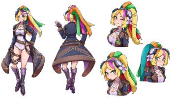 1girl blonde_hair blue_eyes boots breasts brown_coat cleavage closed_mouth coat commentary commission crying crying_with_eyes_open english_commentary fingerless_gloves flower full_body gloves hair_flower hair_ornament highres knee_boots large_breasts long_hair long_sleeves looking_at_viewer multicolored_hair multiple_views one-piece_swimsuit one_eye_closed oninuer open_clothes open_coat orange_streaks original parted_bangs pink_streaks purple_boots purple_gloves reference_sheet simple_background smile streaked_hair swimsuit tears white_background white_one-piece_swimsuit