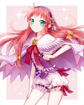 1girl aqua_eyes calilica_(ys) cape closed_mouth frilled_hairband frilled_shorts frills hair_ribbon hairband highres long_hair looking_at_viewer pink_hair purple_cape purple_hairband ribbon sano_(merrymerry) shorts smile solo sparkle white_shorts yellow_ribbon ys ys:_memories_of_celceta