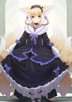 1girl absurdres alternate_costume animal_ears arknights blonde_hair bow braid braided_hair_rings closed_mouth commentary_request dress fox_ears fox_girl fox_tail frills full_body green_eyes hair_rings hairband highres hinata_(user_rjkt4745) kitsune long_sleeves looking_at_viewer multicolored_hair multiple_tails pantyhose smile solo suzuran_(arknights) tail twin_braids two-tone_hair white_hair white_pantyhose