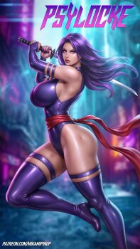 1girl artist_name blurry blurry_background boots breasts commentary curvy elbow_gloves full_body gloves halter_leotard halterneck high_heel_boots high_heels highleg highleg_leotard highres holding holding_weapon jewelry large_breasts leotard lips long_hair looking_at_viewer marvel mikamipinup patreon_username psylocke purple_eyes purple_hair purple_leotard red_sash sash shiny_skin solo spread_legs superhero_costume sword thighhighs waist_sash watermark weapon web_address wide_hips x-men