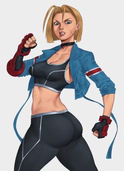 absurdres ass blonde_hair blue_jacket cammy_white capcom fighting_stance highres jacket leggings mortificent street_fighter street_fighter_6