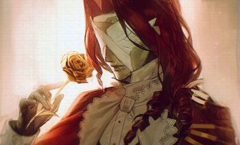 Rule 34 | 1boy, aleph (reverse:1999), black gloves, brown background, cape, commentary request, covered face, cracked mask, flower, gloves, grey mask, hand up, highres, holding, holding flower, long hair, male focus, official alternate costume, red cape, red hair, reverse:1999, rose, shirt, smelling, smelling flower, solo, upper body, white shirt, xjsbca, yellow flower, yellow rose