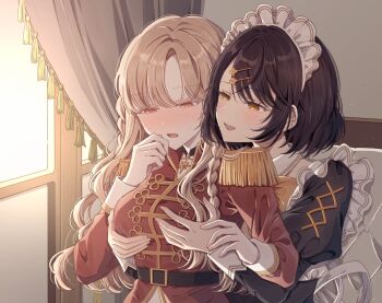 Rule 34 | 2girls, black dress, blonde hair, blush, brown hair, commentary request, dress, epaulettes, grabbing another's breast, groping, jacket, juliet sleeves, long hair, long sleeves, maid, maid headdress, meido ni chikaramake suru nante shikatanain desuka?, multiple girls, open mouth, puffy sleeves, red jacket, rococomm123, second-party source, short hair, sitting, smile, yellow eyes, yuri