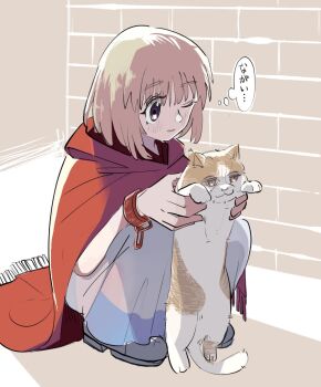 1girl animal blonde_hair boots cape cat cuffs dress grey_boots holding holding_animal holding_cat hood hooded_cape jumidoro medium_hair one_eye_closed ramune_(jumidoro) red_cape right_left_tan shackles solo speech_bubble squatting thought_bubble