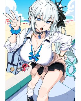 Rule 34 | 1girl, absurdres, alternate costume, artist collaboration, baobhan sith (fate), beach, bebibonifuddo, black skirt, blue eyes, breasts, character doll, cleavage, doll, fate/grand order, fate (series), gyaru, highres, large breasts, looking at viewer, morgan le fay (fate), radishkek, skirt, solo, v, white hair