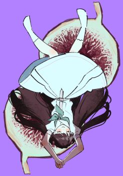 1girl aqua_neckerchief arms_up blush brown_hair closed_eyes closed_mouth commentary_request dress fig food fruit fujishima_megumi hair_spread_out hasu_no_sora_school_uniform highres link!_like!_love_live! long_hair love_live! medium_dress neckerchief no_shoes pleated_dress puffy_short_sleeves puffy_sleeves purple_background sailor_dress school_uniform short_sleeves smile socks solo stew_youbi summer_uniform two_side_up upside-down very_long_hair virtual_youtuber white_dress white_socks