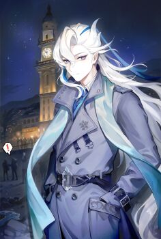 ! 1boy absurdres alternate_costume blue_coat blue_eyes blue_hair blue_necktie blue_scarf clock clock_tower closed_mouth coat genshin_impact hair_between_eyes hands_in_pockets highres long_hair looking_at_viewer male_focus necktie neuvillette_(genshin_impact) night outdoors pointy_ears scarf sky solo spoken_exclamation_mark star_(sky) tiny_(0v0) tower very_long_hair white_hair