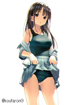 1girl blue_sailor_collar breasts brown_eyes brown_hair collarbone covered_navel cowboy_shot gluteal_fold grey_skirt hair_between_eyes koutaro long_hair looking_at_viewer medium_breasts old_school_swimsuit one-piece_swimsuit open_clothes open_mouth open_shirt original sailor_collar school_swimsuit school_uniform serafuku shirt short_sleeves simple_background skirt skirt_hold solo swimsuit swimsuit_under_clothes twitter_username white_background white_shirt