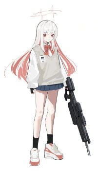 absurdres amagasa_mike armored_core armored_core_vi:_fires_of_rubicon assault_rifle ayre_(armored_core_vi) blue_archive bow bowtie fromsoftware gun halo highres holding holding_gun holding_weapon long_hair millennium_science_school_logo red_bow red_bowtie red_halo rifle scope shirt skirt weapon