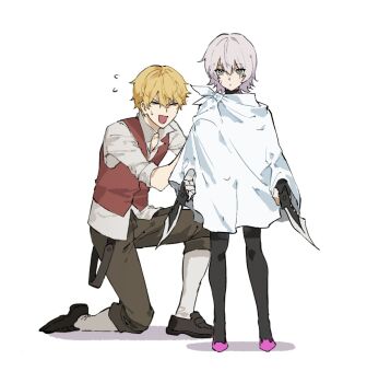 >_< 1boy 1girl black_pantyhose brown_pants brown_shoes commentary_request dual_wielding fate/apocrypha fate/strange_fake fate_(series) flat_escardos flying_sweatdrops green_eyes grey_hair highres holding holding_knife jack_the_ripper_(fate/apocrypha) knife on_one_knee pants pantyhose pink_shoes potato_goril red_vest robe shadow shirt shoes simple_background socks standing sweat vest white_background white_robe white_shirt white_socks