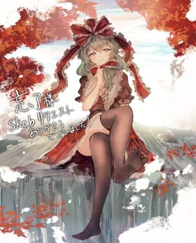 1girl black_thighhighs bow commentary_request commission commissioner_name crossed_legs dress feet foot_focus frilled_bow frilled_dress frilled_ribbon frills front_ponytail green_eyes green_hair hair_bow hair_ribbon kagiyama_hina leaf looking_at_viewer maple_leaf mitsusame no_shoes red_bow red_dress red_ribbon ribbon skeb_commission smile solo thighhighs touhou
