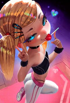 1girl :p ass black_choker black_panties black_tube_top blonde_hair blue_eyes blush breasts candy choker closed_mouth commentary english_commentary fiz-rot food food_in_mouth hair_ornament hairclip hand_up heart highleg highleg_panties highres index_finger_raised indoors loli lollipop long_hair looking_at_viewer midriff original panties pants panty_straps pink_shoes saliva saliva_trail shoes small_breasts solo standing standing_on_one_leg strapless swept_bangs tongue tongue_out tube_top twintails underwear v white_pants wristband yoga_mat yoga_pants