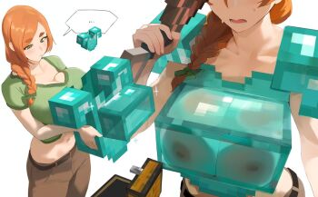 1girl alex_(minecraft) asymmetrical_bangs boobplate braid breastplate breasts chest_(furniture) cleavage commentary cowboy_shot cropped_shirt english_commentary green_eyes green_shirt large_breasts long_hair minecraft multiple_views navel nipples orange_hair parted_lips shirt short_sleeves side_braid simple_background smewed sweat thick_eyebrows upper_body white_background