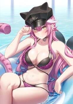 1girl adjusting_clothes adjusting_headwear animal_ears animal_print bikini black_bikini black_choker black_hat breasts center-flap_bangs choker cleavage commentary double-parted_bangs double_bikini extra_ears hat highres hololive hololive_english jewelry large_breasts layered_bikini leopard_print leopard_print_bikini long_hair long_sidelocks looking_at_viewer multi-strapped_bikini_bottom multi-strapped_bikini_top navel necklace official_alternate_costume on_innertube panther_ears panther_girl panther_tail pink_bikini pink_hair police_hat print_bikini raora_panthera raora_panthera_(holonatsu_paradise) resu_desu sidelocks solo stomach swimsuit symbol-only_commentary tail very_long_hair virtual_youtuber water white_streaks yellow_eyes