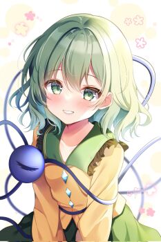 1girl :d blush buttons collarbone collared_shirt commentary corrupted_twitter_file cowboy_shot diamond_button frilled_shirt_collar frills green_eyes green_hair green_skirt grin hair_between_eyes happy highres koishi_day komeiji_koishi long_sleeves looking_at_viewer medium_hair no_headwear open_mouth shirotsuki_shirone shirt sidelighting simple_background skirt smile solo third_eye touhou upper_body white_background yellow_shirt