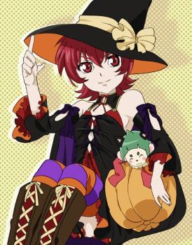 Rule 34 | 1girl, black dress, boots, closed mouth, dress, fumiko (mesushi), green hair, halloween, hat, iria animi, lace-up boots, looking at viewer, pumpkin, red dress, red eyes, red hair, short hair, simple background, skirt, smile, solo, striped clothes, striped thighhighs, tales of (series), tales of innocence, thighhighs, witch hat