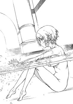 1girl bath blush breasts closed_mouth completely_nude dithering dungeon_ni_deai_wo_motomeru_no_wa_machigatteiru_darou_ka elf from_side greyscale haimura_kiyotaka highres knees_up lefiya_viridis medium_breasts monochrome novel_illustration nude official_art partially_submerged pointy_ears short_hair sitting solo stomach sword_oratoria third-party_source wet wet_hair
