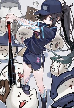 1girl absurdres animal_ears baseball_bat baseball_cap black_hair blue_eyes body_markings breasts cat_(nyanko_daisensou) cat_ears cat_girl dark_kasli_(nyanko_daisensou) dolphin_shorts ebora hair_over_one_eye hat highres holding holding_baseball_bat kasli_(nyanko_daisensou) kneehighs long_hair looking_at_viewer nyanko_daisensou one_eye_covered pale_skin ponytail short_shorts shorts small_breasts socks solo thighs