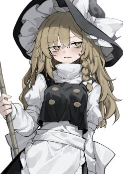 1girl absurdres apron black_hat black_skirt black_vest blonde_hair bow braid buttons double-breasted eyes_visible_through_hair frilled_apron frills hair_between_eyes hair_bow hat hat_bow highres hisha_(kan_moko) jitome juliet_sleeves kirisame_marisa long_hair long_sleeves looking_at_viewer puffy_sleeves shirt single_braid skirt sweatdrop touhou turtleneck turtleneck_shirt vest waist_apron white_apron white_bow white_shirt witch_hat yellow_eyes