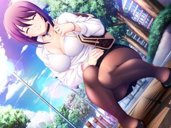 1girl ^_^ bag black_pantyhose black_skirt blue_sky blush bracelet breasts brown_pantyhose building bush choker cleavage closed_eyes closed_mouth cloud collar collarbone day dress_shirt dutch_angle game_cg handbag high_heels jewelry lamppost large_breasts large_variant_set lens_flare long_sleeves miniskirt nerawareta_megami_tenshi_angel_tear non-web_source office_lady official_art outdoors panties panties_under_pantyhose pantyhose pantyshot park pencil_skirt purple_hair road shirt shizumi_suzune short_hair skirt sky smile solo squatting street teacher tree tsukumo_kazuita underwear upskirt variant_set watch white_shirt wristwatch