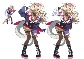 Rule 34 | 1girl, ahoge, bare shoulders, black boots, blonde hair, boots, bra, breasts, cissia (zenless zone zero), cleavage, crossed bangs, dark-skinned female, dark skin, ganguro, gyaru, hair between eyes, jacket, kogal, large breasts, lingzi, long hair, open mouth, pink bra, redesign, shirt, snake, tied shirt, underwear, v, zenless zone zero