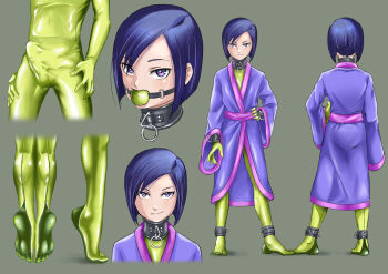 1boy absurdres albyee ball_gag bdsm bodysuit bulge reference_sheet collar cuffs digimon digimon_adventure_02 erection erection_under_clothes feet gag highres ichijouji_ken latex latex_bodysuit purple_hair robe
