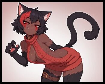 ai-assisted animal_ears animal_hands belt belt_collar bent_over black_fur black_hair bad_tag breasts cat_ears cat_girl cat_tail claws cleavage cleavage_cutout clothing_cutout collar dark-skinned_female dark_skin fang half-closed_eyes highres looking_at_viewer medium_breasts mira_(pixelkebab) monster_girl multicolored_hair muscular muscular_female nekomata paw_pose pawpads protokebab red_eyes red_hair short_hair slit_pupils smug tail thigh_belt thigh_strap toned toned_female virgin_killer_sweater