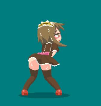 1girl animated animated_gif ao_kurage apron ass_shake blush bow brown_eyes brown_hair embarrassed from_behind have_to_pee looping_animation maid maid_apron maid_headdress original panties pink_bow pixel_art red_footwear skirt solo sweat sweatdrop thighhighs third-party_edit underwear upskirt white_panties