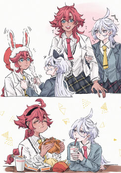 Rule 34 | +++, 2girls, ahoge, animal ears, black hairband, blue eyes, blush, burger, cat ears, closed mouth, commentary request, cup, disposable cup, drinking straw, drinking straw in mouth, flying sweatdrops, food, french fries, grey eyes, gundam, gundam suisei no majo, gundam suisei no majo: seishun frontier, hair between eyes, hairband, highres, holding, holding burger, holding cup, holding food, ichi27ichi, jacket, long hair, long sleeves, looking at another, low ponytail, miorine rembran, multiple girls, open mouth, ponytail, rabbit ears, red hair, school uniform, smile, suletta mercury, sweatdrop, thick eyebrows, white hair, yuri