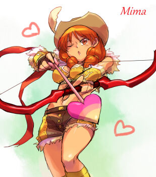 1girl arrow_(projectile) bow_(weapon) brown_gloves brown_hat brown_shorts commentary_request cowboy_shot crop_top fingerless_gloves fur-trimmed_gloves fur-trimmed_shirt fur-trimmed_shorts fur_trim gloves hat holding holding_bow_(weapon) holding_weapon kakyoi long_hair looking_at_viewer midriff navel one_eye_closed open_mouth orange_eyes orange_hair plume ragnarok_online shirt shorts sleeveless sleeveless_shirt sniper_(ragnarok_online) solo two-tone_gloves two-tone_shorts weapon yellow_gloves yellow_shirt yellow_shorts