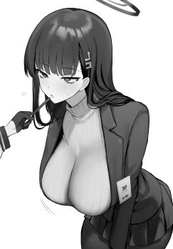 2girls blazer blue_archive blush breasts commentary_request flying_sweatdrops gloves greyscale hair_ornament hairclip halo highres jacket large_breasts long_hair monochrome multiple_girls open_mouth otsumami_(02mami) pantyhose pleated_skirt ribbed_sweater rio_(blue_archive) simple_background skirt solo_focus sweater turtleneck turtleneck_sweater white_background yuuka_(blue_archive)