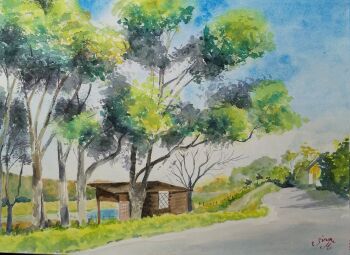 bare_tree blue_sky bush day grass hedge highres hill monsisiro411823 no_humans original outdoors painting_(medium) park path river riverbank road scenery shelter sky traditional_media tree watercolor_(medium)