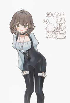 Rule 34 | 1girl, ahoge, arms behind back, black bodysuit, bodysuit, brown hair, collarbone, commentary request, cosplay, final fantasy, final fantasy ix, final fantasy xiv, garnet til alexandros xvii, garnet til alexandros xvii (cosplay), green eyes, highres, hoban, korean commentary, looking at viewer, open mouth, shirt, simple background, sphene (ff14), white background, white shirt