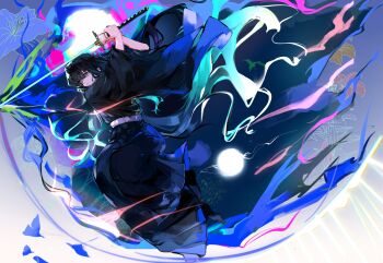 Rule 34 | 1boy, aqua eyes, belt, black hair, black hakama, black kimono, black shoes, buttons, chinese commentary, commentary request, demon slayer uniform, flower, full body, hakama, highres, holding, holding sword, holding weapon, japanese clothes, katana, kimetsu no yaiba, kimono, long hair, long sleeves, male focus, shoes, solo, sword, tokitou muichirou, tuitangguxuanshou, weapon, white belt, wide sleeves