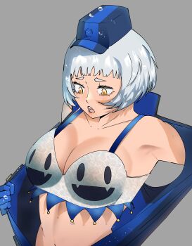 absurdres blue_dress blue_gloves blue_hat bra breasts commentary dress elizabeth_(persona) english_commentary gjh gloves hat highres jack_frost_(megami_tensei) open_clothes persona persona_3 persona_3_portable persona_3_reload short_hair solo underwear wet white_hair yellow_eyes