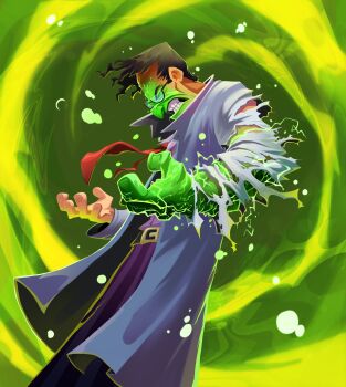 1boy abstract_background absurdres avengers_(series) brett_bean bruce_banner clenched_teeth coat colored_skin glasses green_background green_skin highres hulk male_focus marvel marvel_snap necktie official_art red_cross_tie shirt short_hair solo teeth torn_clothes torn_shirt transformation trench_coat