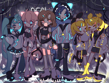 2boys 4girls ^_^ adapted_costume ahoge animal_ear_hood animal_ears aqua_hair arrow_(symbol) arrow_print arrow_tattoo artificial_idol_(miracle_nikki) asymmetrical_legwear bare_shoulders black_boots black_bow black_choker black_hood black_pants black_shirt black_shorts black_skirt blue_eyes blue_hair blue_scarf blush_stickers boots bow breasts brown_hair cable cat_ears cheek_pull chewing_gum choker chromatic_aberration cleavage cleavage_cutout closed_eyes closed_mouth clothes_around_waist clothing_cutout commentary commentary_request crop_top cross cross_choker ears_through_hood english_commentary eyelashes facial_tattoo fake_animal_ears fingernails fish_tattoo frown full_body grey_hair hair_bow hair_ornament hairclip hand_on_own_hip hands_in_pockets hatsune_miku heart heart_cutout heart_print heart_tattoo high_heels highres holding holding_bow_(ornament) holding_own_tail hood hood_up hoodie idol jacket jacket_around_waist jacket_partially_removed kagamine_len kagamine_rin kaito_(vocaloid) kneehighs lace lace-trimmed_skirt lace_trim leg_tattoo light_particles long_hair long_sleeves looking_at_another megurine_luka meiko_(vocaloid) melling_rl midriff miniskirt miracle_nikki mismatched_boots mismatched_legwear multiple_boys multiple_girls navel nikki_(series) one_eye_closed pants parallel_hairclips partially_unzipped pink_choker pink_eyes pink_hair platform_boots pleated_skirt print_boots puffy_long_sleeves puffy_sleeves pumps scarf shirt shoes shorts single_kneehigh single_sock skirt sleeves_past_wrists smile socks stage standing strapless strapless_shirt striped_clothes striped_skirt tail tattoo thigh_boots thighhighs tongue tongue_out two-sided_hood vertical-striped_clothes vertical-striped_skirt very_long_hair vocaloid white_boots white_hoodie white_jacket white_shoes white_thighhighs yellow_socks zipper_pull_tab