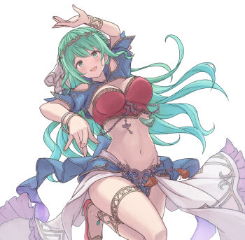 1girl breasts character_request green_eyes green_hair long_hair looking_at_viewer mugi_(banban53) navel open_mouth romancing_saga_2 saga simple_background smile solo white_background