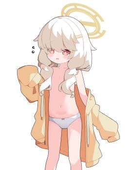 1girl absurdres aoba_(blue_archive) blue_archive bow bow_panties flat_chest halo highres loli long_hair navel open_clothes panties shirousagi_(user_erwx7425) simple_background sleeves_past_wrists solo underwear white_background white_panties