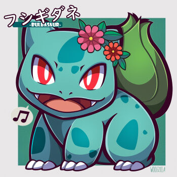bulbasaur character_name claws flower full_body gen_1_pokemon hair_flower hair_ornament highres looking_at_viewer musical_note nintendo no_humans nostrils open_mouth orange_flower pink_flower pokemon pokemon_(creature) red_eyes signature sitting solo spoken_musical_note translation_request woofzilla